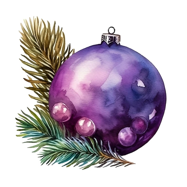 Décor de Noël à l'aquarelle illustration de boule de verre jouet dans les branches de pin