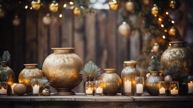 Un décor de Noël chaleureux et accueillant avec des ornements dorés, de la verdure et un fond de bois rustique.