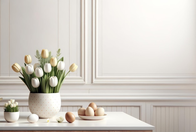 Décor de Pâques minimaliste avec des tulipes et des œufs de couleur terre en arrière-plan