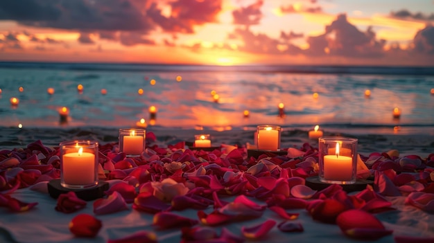 Un décor pittoresque avec des bougies et des pétales de roses la toile de fond parfaite