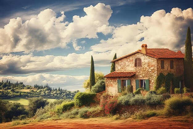 Photo le décor pittoresque d'une villa toscane avec des toits en terre cuite et des vignes vallonnées