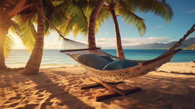 Un décor de plage tranquille avec un hamac se balançant doucement entre deux palmiers