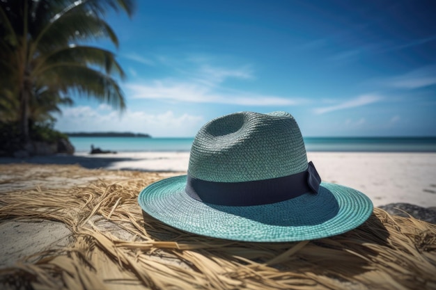 Un décor de plage tropicale avec un chapeau de paille au premier plan Concept de vacances à la plage IA générative
