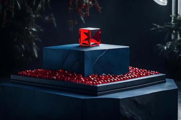 Décor de podium en pierre bleue cubique naturelle avec du cristal rouge dans le studio photo