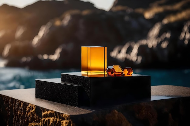 Décor de podium en plastique noir cubique naturel avec de l'ambre au bord de la mer