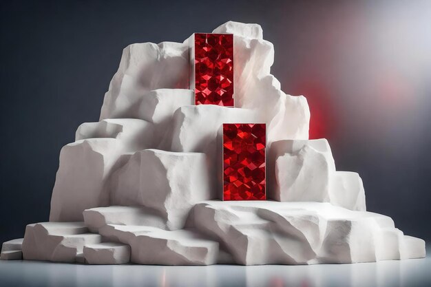 Décor de podium de roche blanche cubique avec cristal rouge dans les matériaux hyperréalistes du studio photo