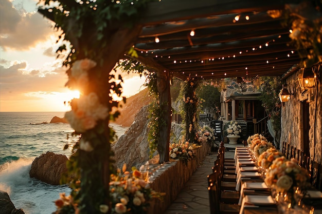 Décor pour une cérémonie de mariage en plein air dans un endroit pittoresque avec une canopée en bois