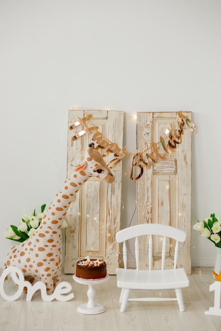 Photo décor pour enfants en l'honneur du premier anniversaire jouet de girafe une petite chaise chambre pour enfants