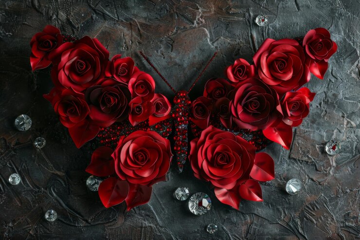 Un décor remarquable en forme de papillon de roses rouges sur fond de nouveau-né