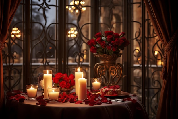 Un décor romantique avec des bougies, des fleurs et une table décorée pour une atmosphère chaleureuse et confortable