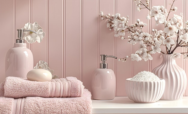 Décor de salle de bain léger et doux en couleur rose pastel