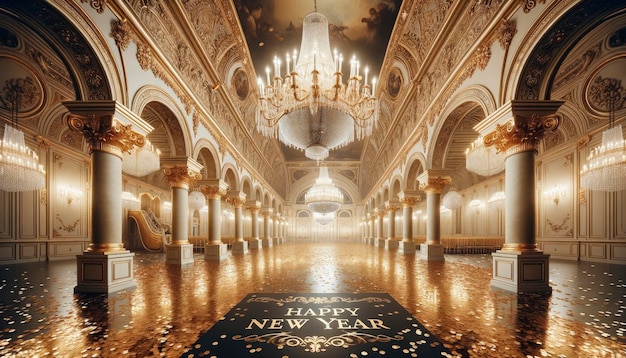 Photo un décor de salle de bal opulent avec des lustres, de grandes arches, des confettis dorés sur le sol et une bannière proclamant une bonne année 2024.