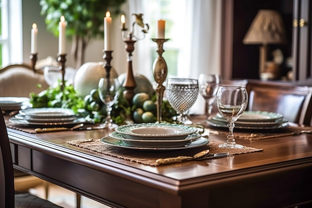 Décor de salle à manger de campagne design d'intérieur et amélioration de la maison table élégante avec des meubles de chaises et décoration de style cottage générative ai