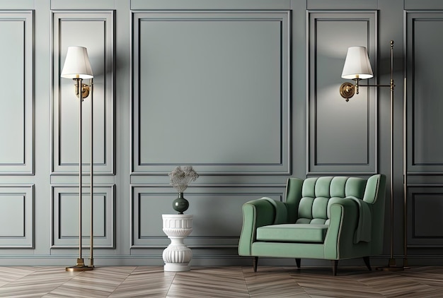 décor de salon avec fauteuil devant un mur vide lampadaire en bois