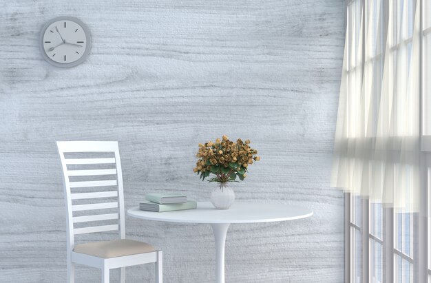 Décor de salon gris-blanc avec chaise blanc crème, horloge murale, mur en bois, rose rouge. Ren 3D