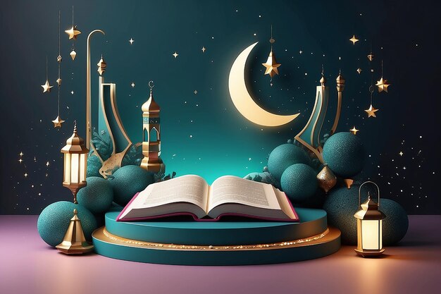 Photo décor de scène conceptuelle de la soirée du ramadan 3d décor de croissant de lune affiché sur le podium avec un chapelet de livre du coran et des formes de polyèdre