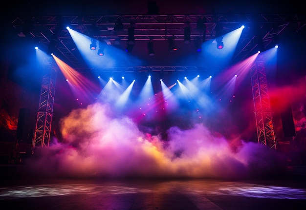 Décor de scène de concert avec des projecteurs de lumières colorées Fumée