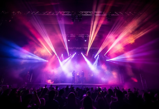 Décor de scène de concert avec des projecteurs de lumières colorées Fumée