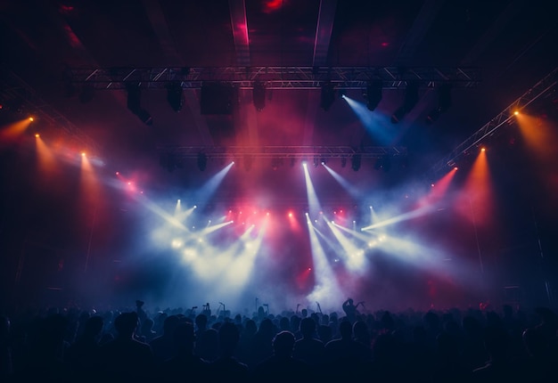 Décor de scène de concert avec des projecteurs de lumières colorées Fumée