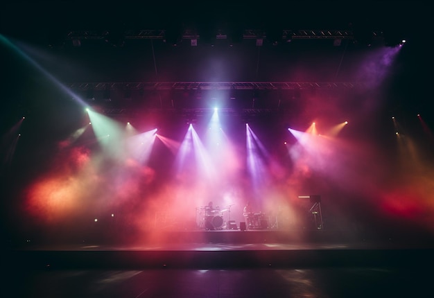 Décor de scène de concert avec des projecteurs de lumières colorées Fumée