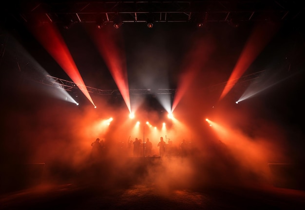 Décor de scène de concert avec des projecteurs de lumières colorées Fumée