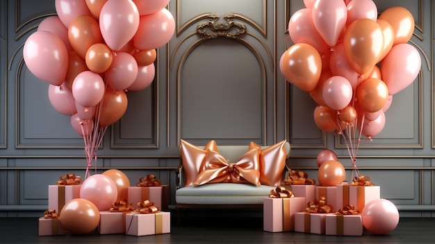 Décor de scène de fête avec des ballons et des cadeaux