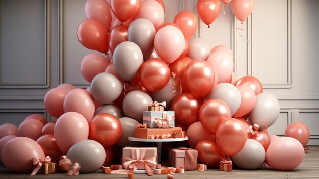 Décor de scène de fête avec des ballons et des cadeaux