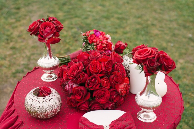 Photo décor de table de mariage lumineux d'automne décor de mariage d'automne luxueux et élégant en couleur marsala fleurs et plats au banquet de mariage dîner romantique décoré en rouge