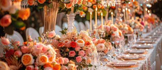 Décor de table de mariage luxueux avec des fleurs fraîches