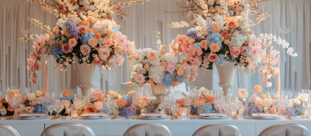 Décor de table de mariage luxueux avec des fleurs fraîches