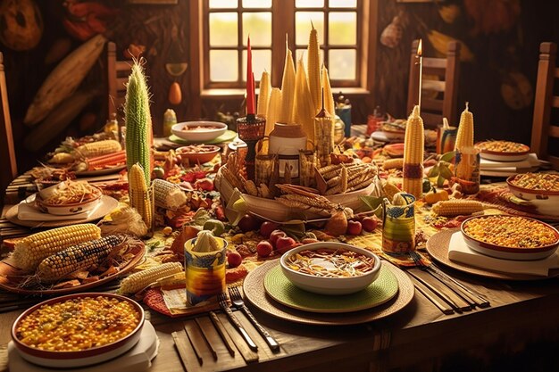 Un décor de table à thème de maïs festif pour un dîner spécial complet avec des pièces de centre de maïs