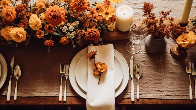 Photo décor de table de vacances d'automne décor de table de dîner formel avec un élégant décor floral d'automne pour une fête de mariage et une idée de décoration d'événement