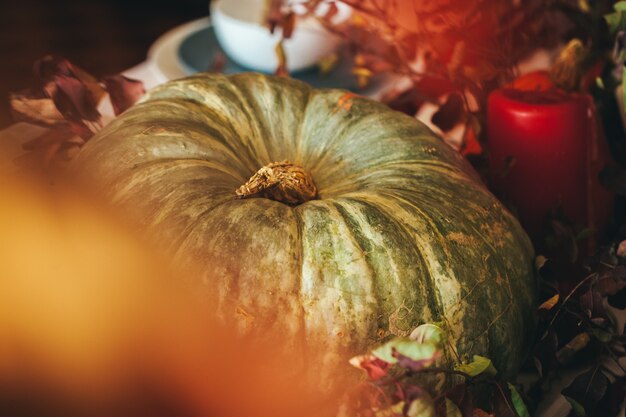 Décor de Thanksgiving automne avec bougie et citrouilles bouchent