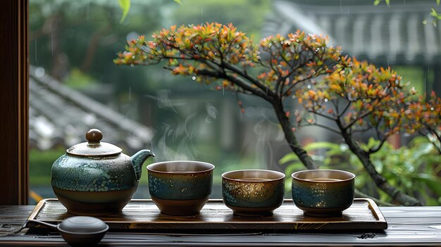 Un décor de thé tranquille avec de la céramique, une théière et des tasses sereines, une scène de relaxation de style asiatique traditionnel, de méditation et de pleine conscience, un thème d'intelligence artificielle.