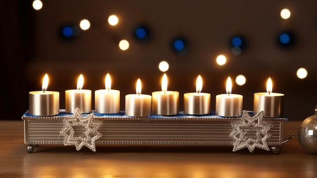 Un décor traditionnel de Hanoukka avec une Menorah argentée ornée de bougies scintillantes symbolizi