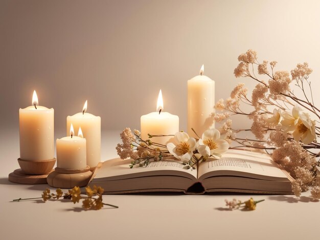 Un décor vintage avec des livres, des bougies et des fleurs séchées