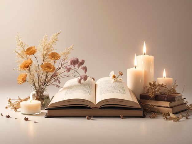 Un décor vintage avec des livres, des bougies et des fleurs séchées