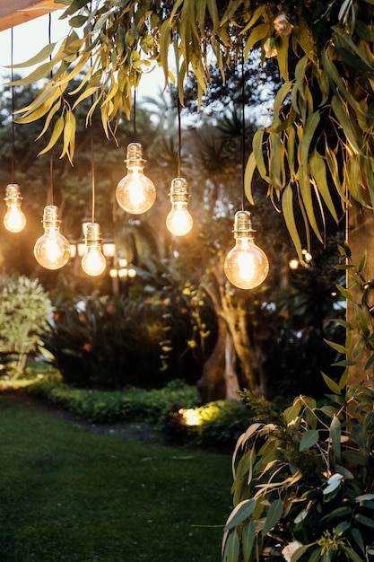 Decoracion nocturna con bombilla y flores en jardin para bodas y eventos
