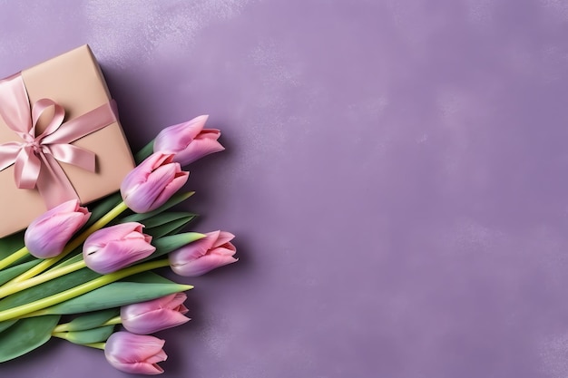 Décoratif de bouquet de fleurs de tulipes ou boîte-cadeau enveloppée pour la fête des mères ou la Saint-Valentin avec fond