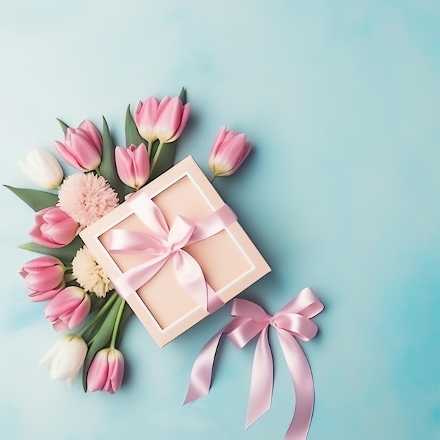 Décoratif de bouquet de fleurs de tulipes ou boîte-cadeau enveloppée pour la fête des mères ou la Saint-Valentin avec fond