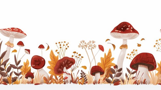 Décoratif champignons d'automne frontière décor horizontal de champignons plantes alimentaires forestières champignons boletus conception de bannière moderne botanique décoratif plat illustration moderne isolée sur blanc