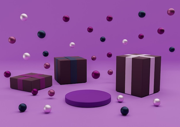 décoration d'affichage de produit minimal 3D violet boules de Noël cadeaux de billes métalliques colorées