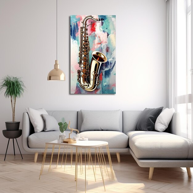 Photo décoration d'affiche de saxophone sur un mur blanc