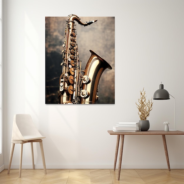 Photo décoration d'affiche de saxophone sur un mur blanc