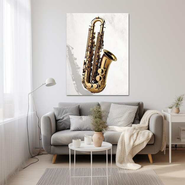 Photo décoration d'affiche de saxophone sur un mur blanc