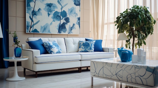 Décoration de l'appartement dans les couleurs bleu et blanc