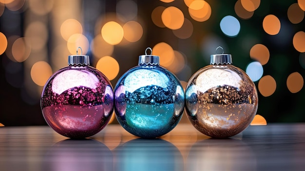 Décoration d'arbre de boules de Noël colorées avec des cercles de bokeh réfléchissant la lumière sur un sol en verre