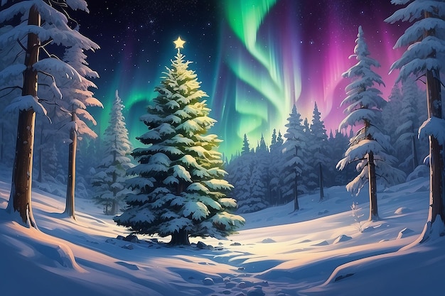 Décoration d'arbre de Noël dans la forêt d'hiver avec les lumières du nord dans le ciel nocturne