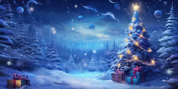 Décoration d'arbre de Noël avec lumière et cadeau dans la nuit de la forêt de neige