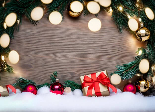 Décoration d'arbre de Noël sur neige avec lumières et cadeau avec espace de copie